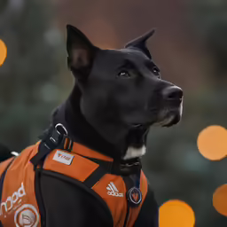 a black dog with orange vest on, is looking away