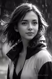a woman in black and white looks into the camera