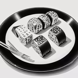 a black and white image of dice on a plate