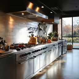 an empty kitchen with large windows and lots of counter space