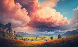 a big pink and yellow cloud hangs above mountains,an oil painting of clouds and mountains in the distance