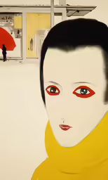 a painting of a person in a red and yellow scarf and a woman standing outside a store