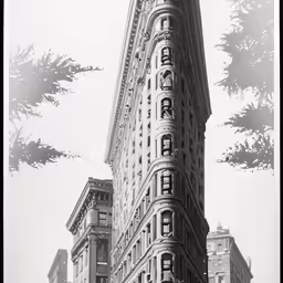 an old photo of a tall building with ornate lettering on it