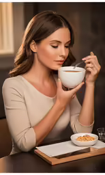 woman holding a bowl and eating from it