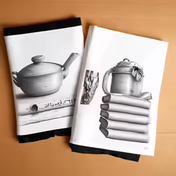 two tea towels featuring a kettle and stacking books