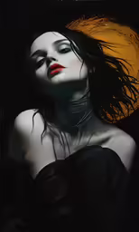 an illustration of a woman with a black background and red lips