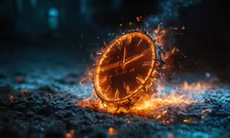 an analog clock that has been set on fire