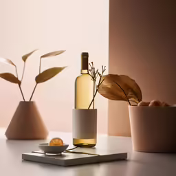 a table that has three small vases and one small bottle with a leaf