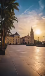 there is a building with a church in the front