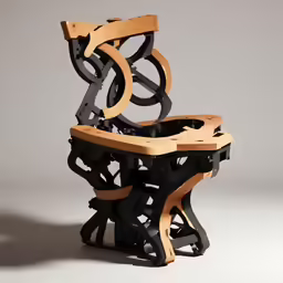 a wooden chair that has many pieces of furniture stacked together