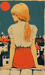 a girl sitting on the roof of a building looking over a city