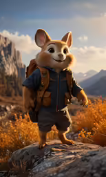a stuffed animal is dressed in clothes and standing on the edge of a mountain