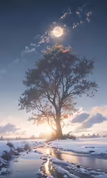 a snowy tree stands alone with the sun in the background