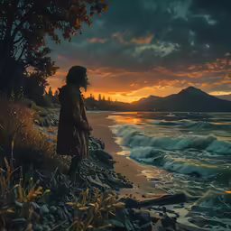 a person walking along a beach as the sun sets