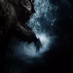 a very creepy looking creature in the dark forest