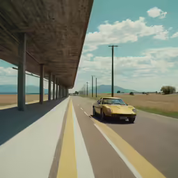 a yellow car driving down an empty highway