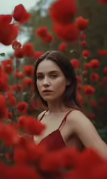 a woman in a red dress is surrounded by bright flowers