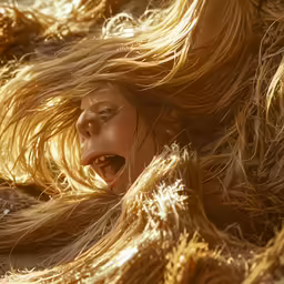 a woman laying down on the ground with her eyes closed and long hair blowing in the wind