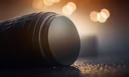 a large camera lens resting on a floor