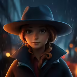 a girl is dressed in a dark and rainy coat