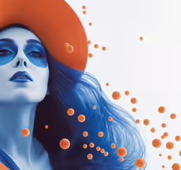 a woman with blue makeup and blue skin is surrounded by orange circles