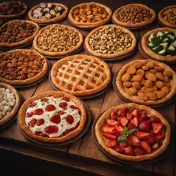 several small pies, some with strawberries and nuts on top