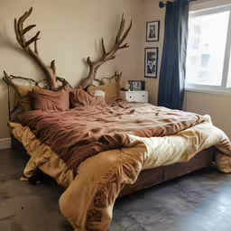 the head of a deer is placed on the bed