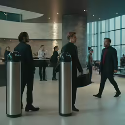 three men in suits and a red shirt are looking at two steel trash cans
