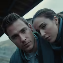 the couple is standing under a bridge wearing their scarf