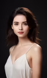 a woman with a white dress and dark hair