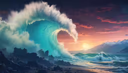 a wave with an orange sun setting in the background,a painting of a wave breaking off of a beach