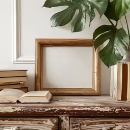 an empty wooden frame sitting next to books and a plant