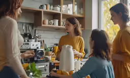 a group of women standing in a kitchen with oranges