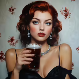 a woman in dress holding a beer glass