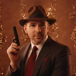 a young man with a gun and suit jacket