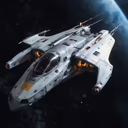 a ship floating in space on a dark surface