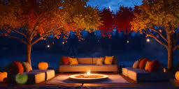 two sofas that are set up around a fire pit,a white couch sitting under three lights on top of a fire pit