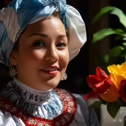 a beautiful woman wearing a blue and white dress