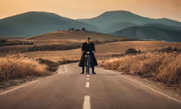 a person wearing a coat holding a bike on the side of the road
