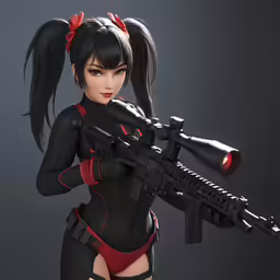 a girl in tight stockings with a gun