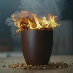 the coffee cup is being filled with fire