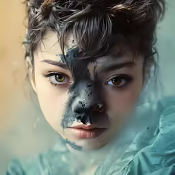 a young girl with dark painted face and nose