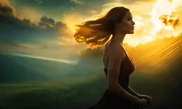 a woman standing in front of the setting sun