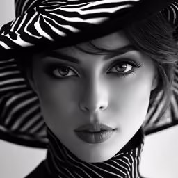 a woman wearing black and white hat with zebra pattern