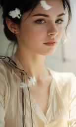 an asian woman wearing a white shirt and flower hair clip