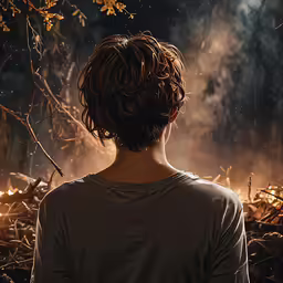 a person with short hair standing in the woods