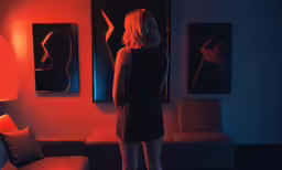 a person standing in a living room looking out into the distance