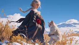 a painting of a girl with her dog in the snow