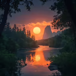 the sun sets on the mountains reflected in the river