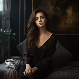 the woman in a black dress is sitting on a bed